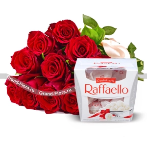 11 красных роз + конфеты "Raffaello"